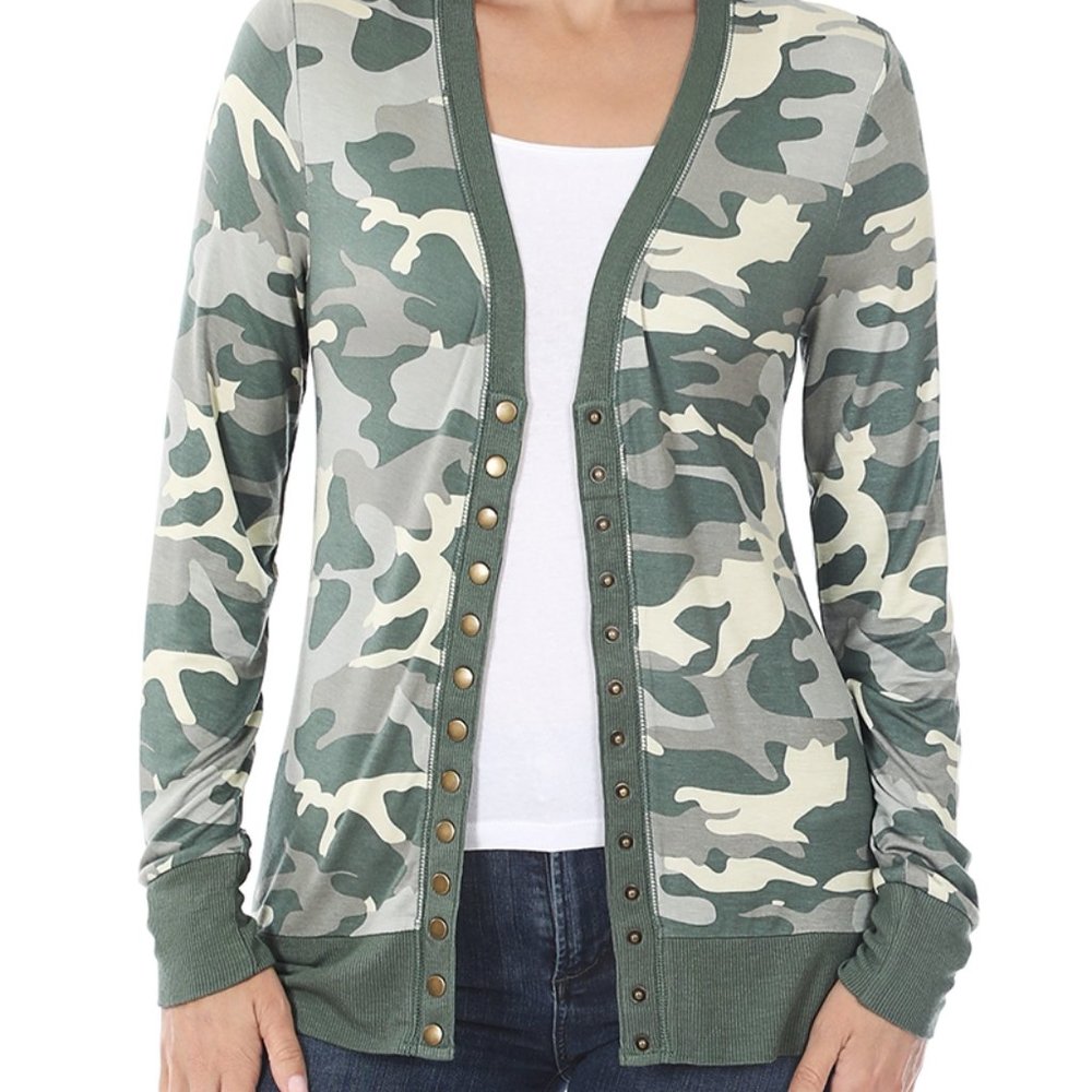 Green Camo Snap Front Cardigan
